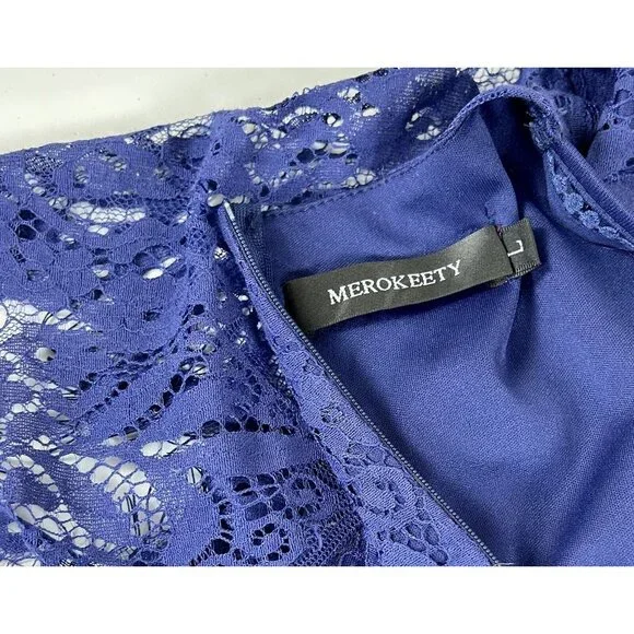 Merokeety Maxi Dress Lace Overlay Indigo Blue Boho Crochet Fringe Knit V Neck L - Picture 14 of 16